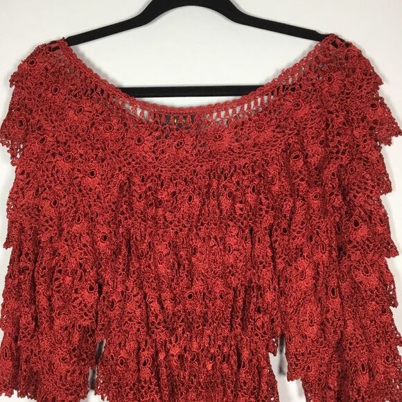 Unique ra-ra top red crocheted 3/4 sleeves layered top beach resort vaca S/M - Picture 5 of 7